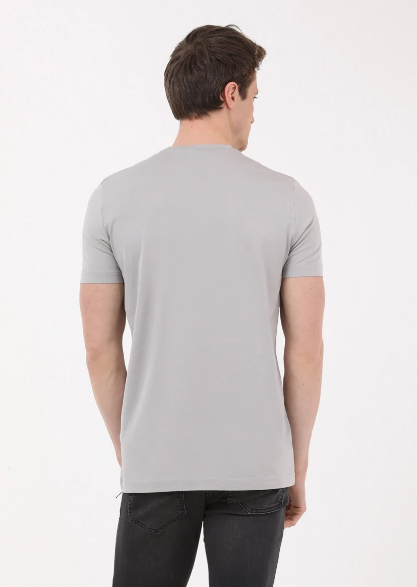 Antrasit Düz Bisiklet Yaka %100 Pamuk T-Shirt - 4