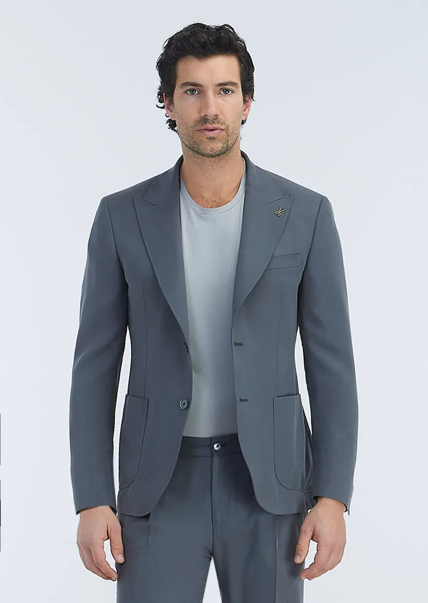 Antrasit Düz Bisiklet Yaka %100 Pamuk T-Shirt - 3