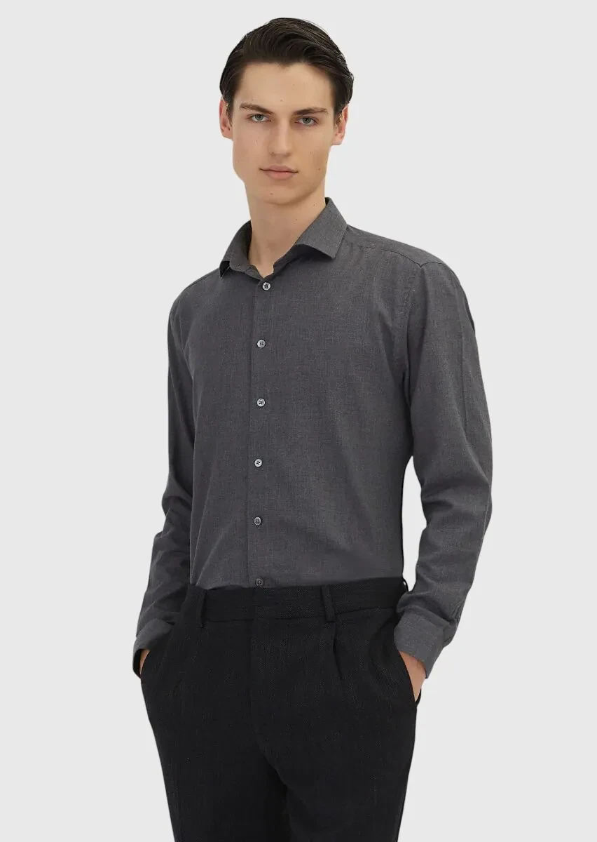 Antrasit Düz Casual Fit Dokuma Casual %100 Pamuk Gömlek - 1