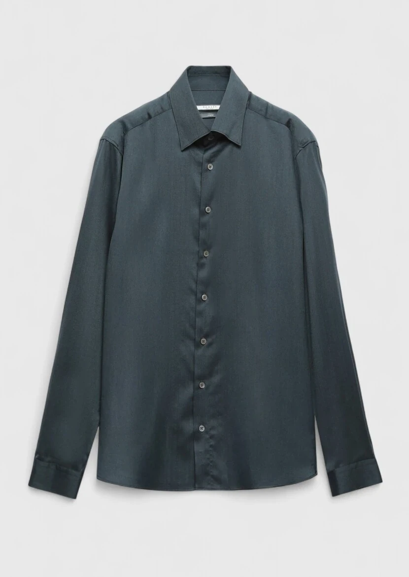 Antrasit Düz Casual Fit Dokuma Casual İpek Karışımlı Gömlek - 7