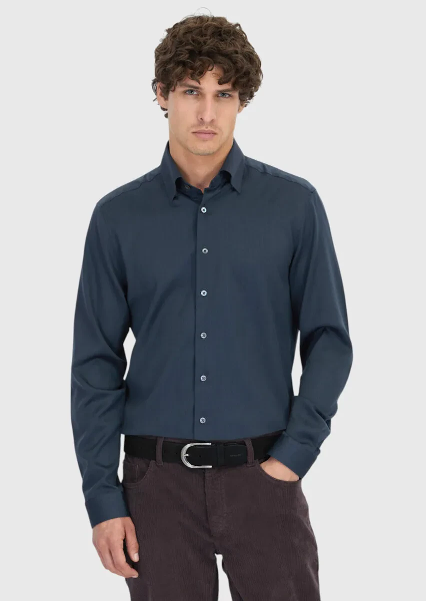 Antrasit Düz Casual Fit Dokuma Casual İpek Karışımlı Gömlek - 1