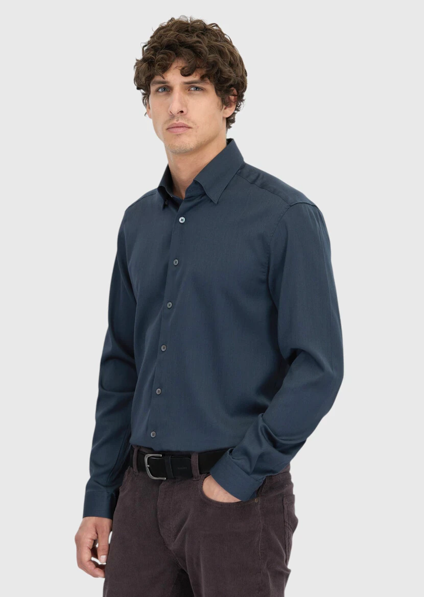 Antrasit Düz Casual Fit Dokuma Casual İpek Karışımlı Gömlek - 3