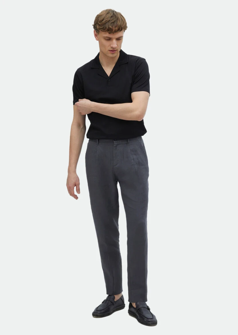 Antrasit Düz Dokuma Jogging Fit Casual %100 Keten Pantolon - 1