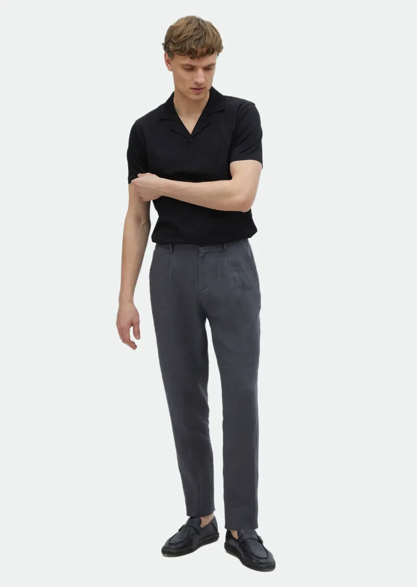 Antrasit Düz Dokuma Jogging Fit Casual %100 Keten Pantolon - 1