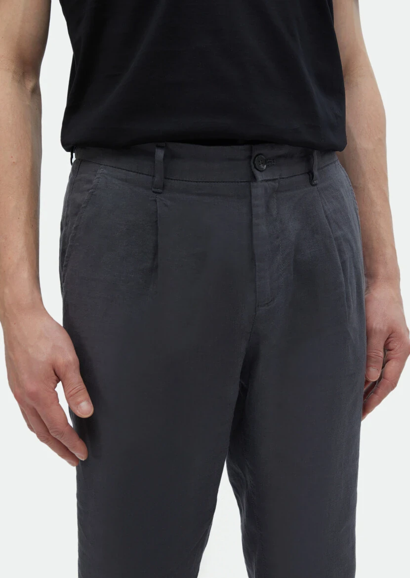 Antrasit Düz Dokuma Jogging Fit Casual %100 Keten Pantolon - 4