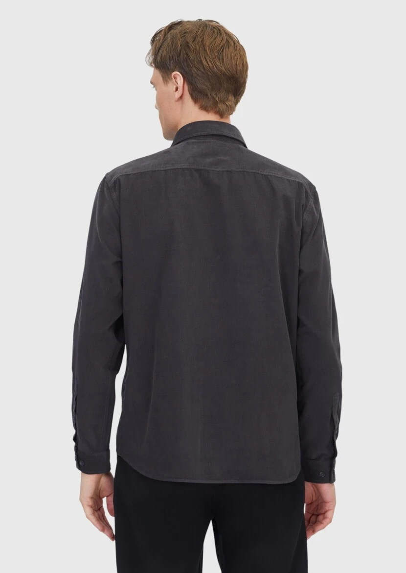Antrasit Düz Dokuma Kadife Casual %100 Pamuk Gömlek - 4