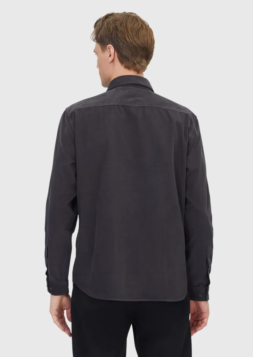 Antrasit Düz Dokuma Kadife Casual %100 Pamuk Gömlek - 4