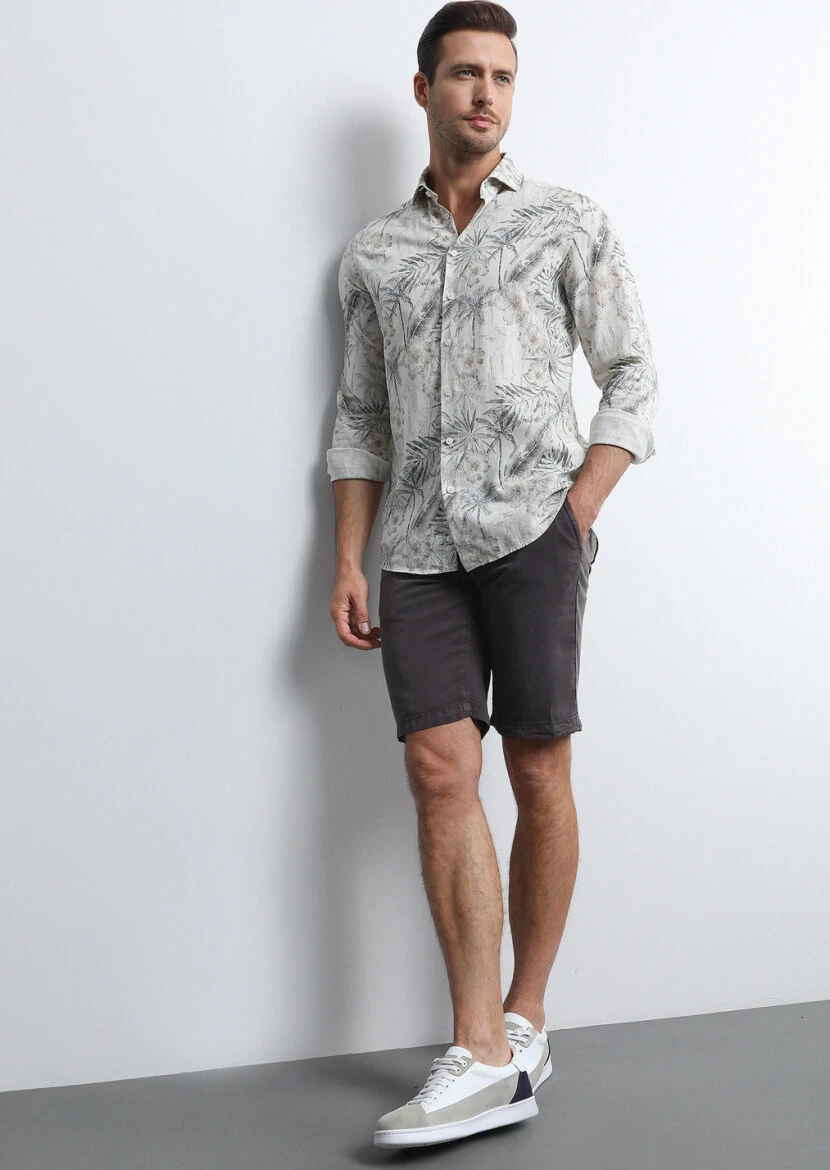 Antrasit Düz Dokuma Regular Fit Casual Bermuda - 2