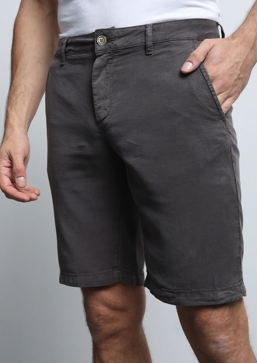 Antrasit Düz Dokuma Regular Fit Casual Bermuda - 4
