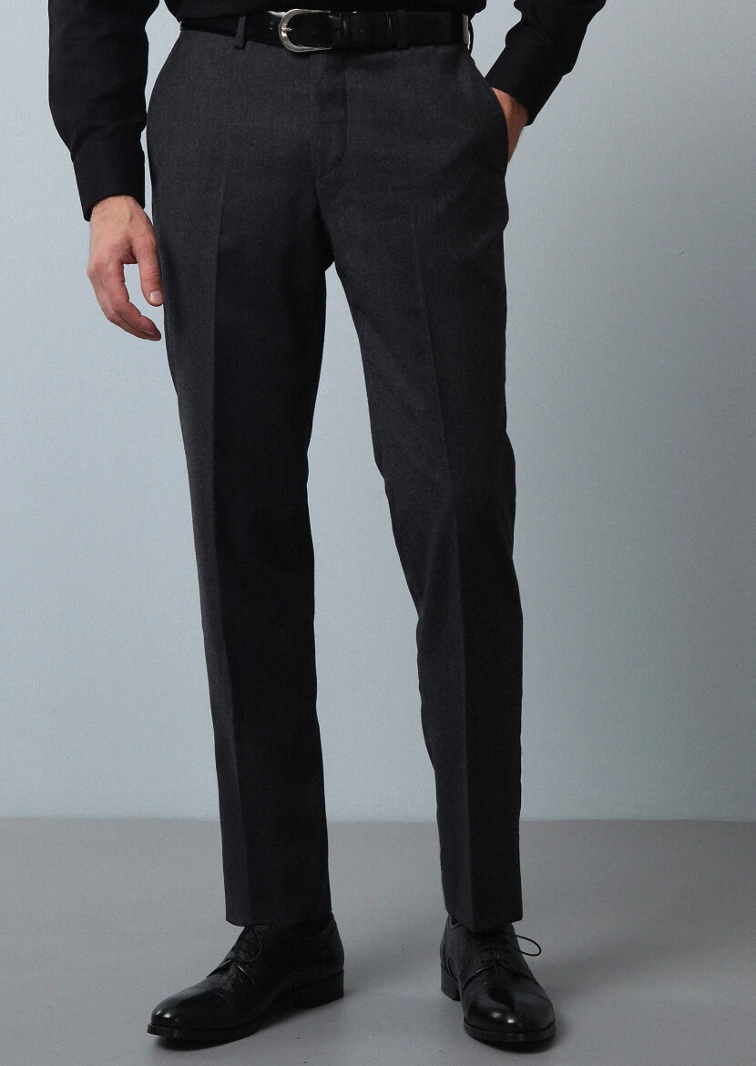 Antrasit Düz Dokuma Regular Fit Klasik %100 Yün Pantolon 