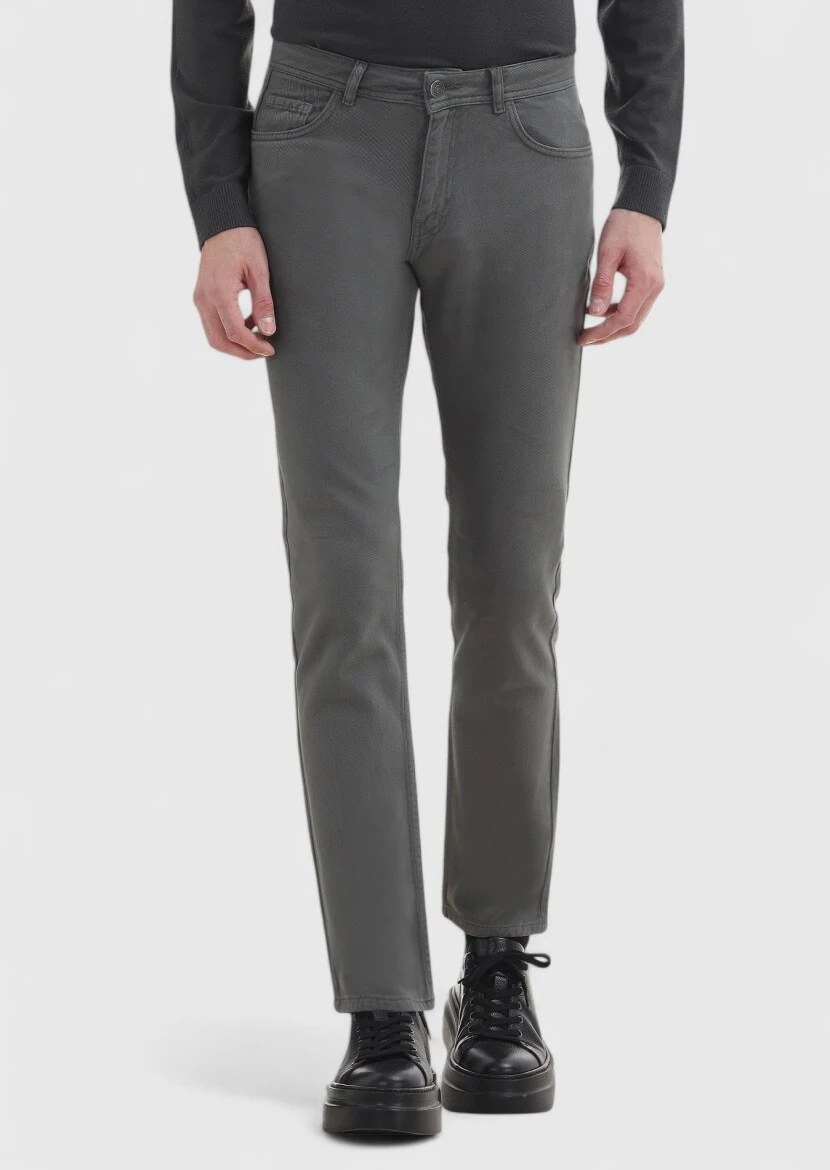 Antrasit Düz Dokuma Slim Fit Casual %100 Pamuk Pantolon - 2