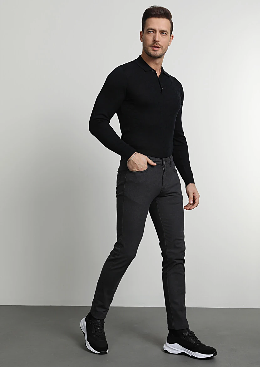 Antrasit Düz Dokuma Slim Fit Casual Pamuk Karışımlı Pantolon - 1