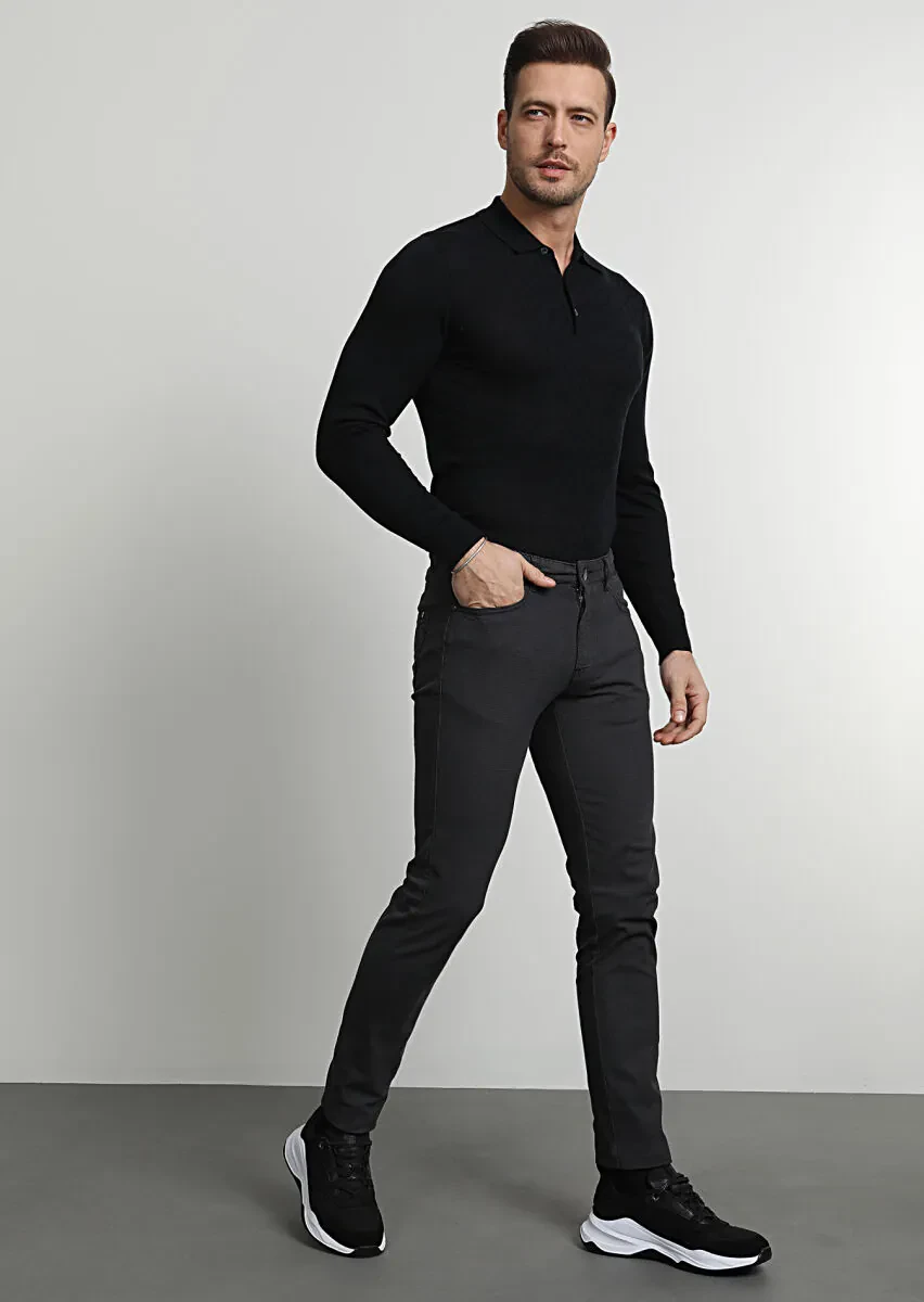 Antrasit Düz Dokuma Slim Fit Casual Pamuk Karışımlı Pantolon - 1