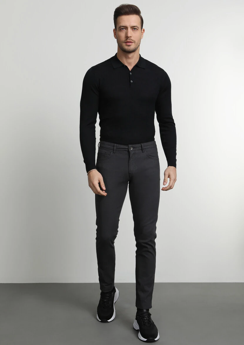 Antrasit Düz Dokuma Slim Fit Casual Pamuk Karışımlı Pantolon - 3
