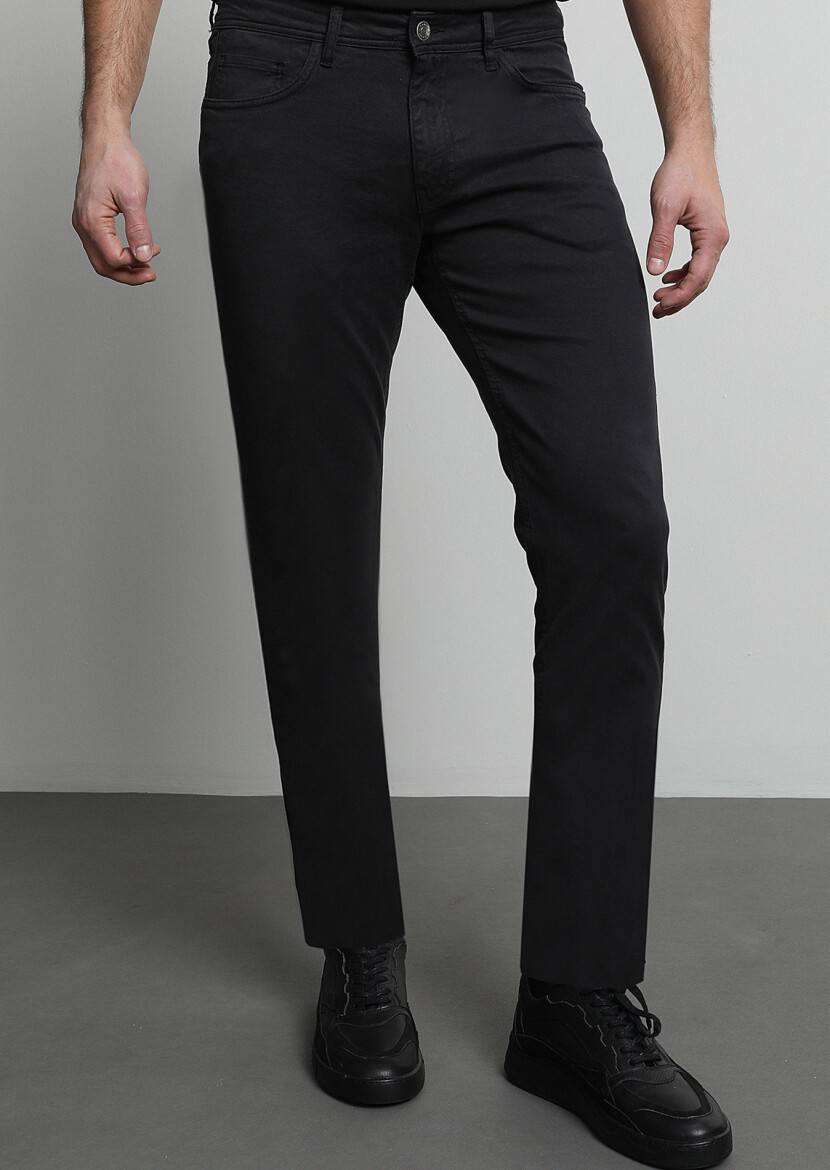 Antrasit Düz Dokuma Slim Fit Casual Pamuk Karışımlı Pantolon - 3