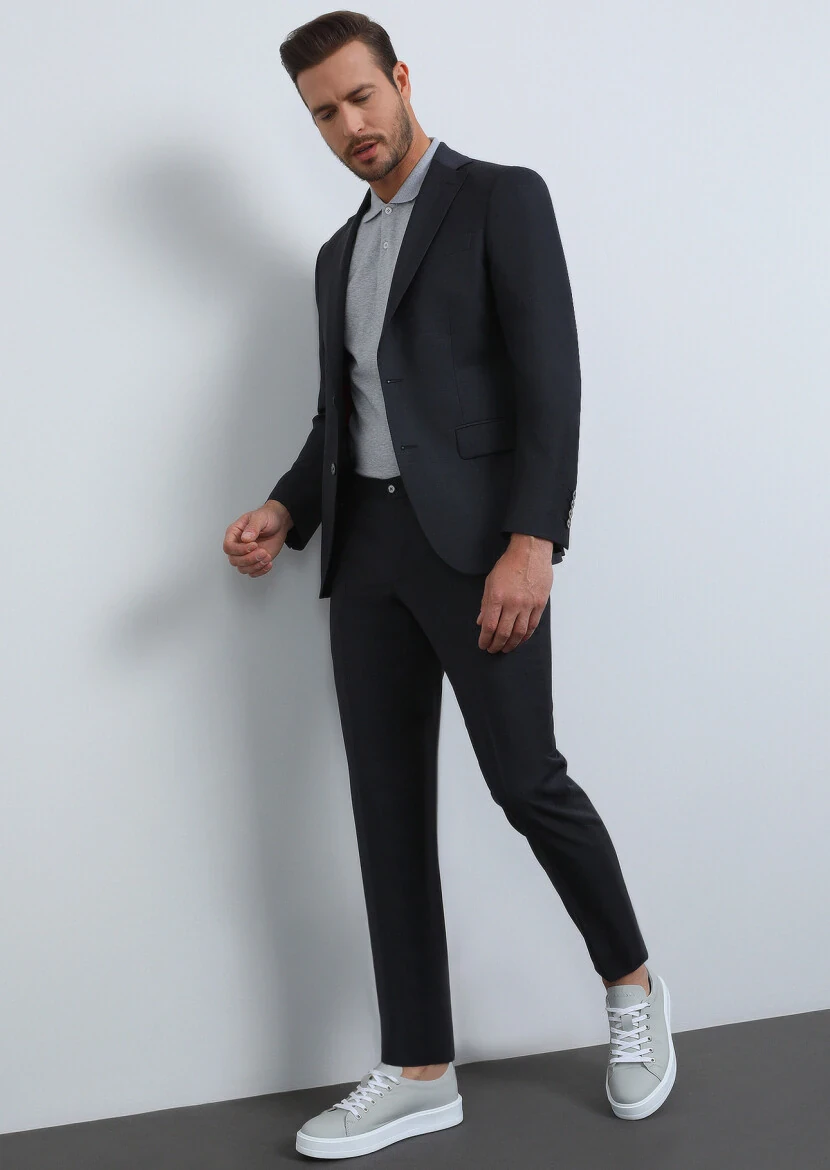 Antrasit Düz Modern Fit %100 Yün Takım Elbise - 1