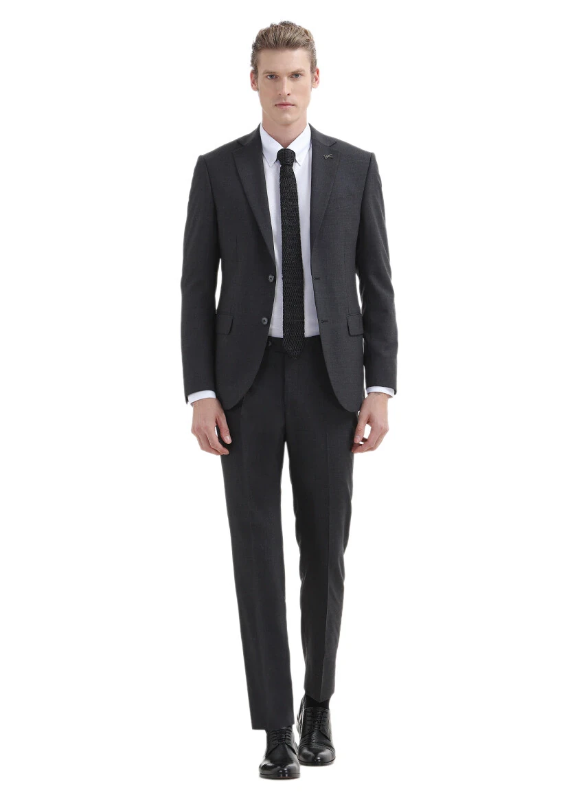 Antrasit Düz Modern Fit Yün Karışımlı Takım Elbise - 1
