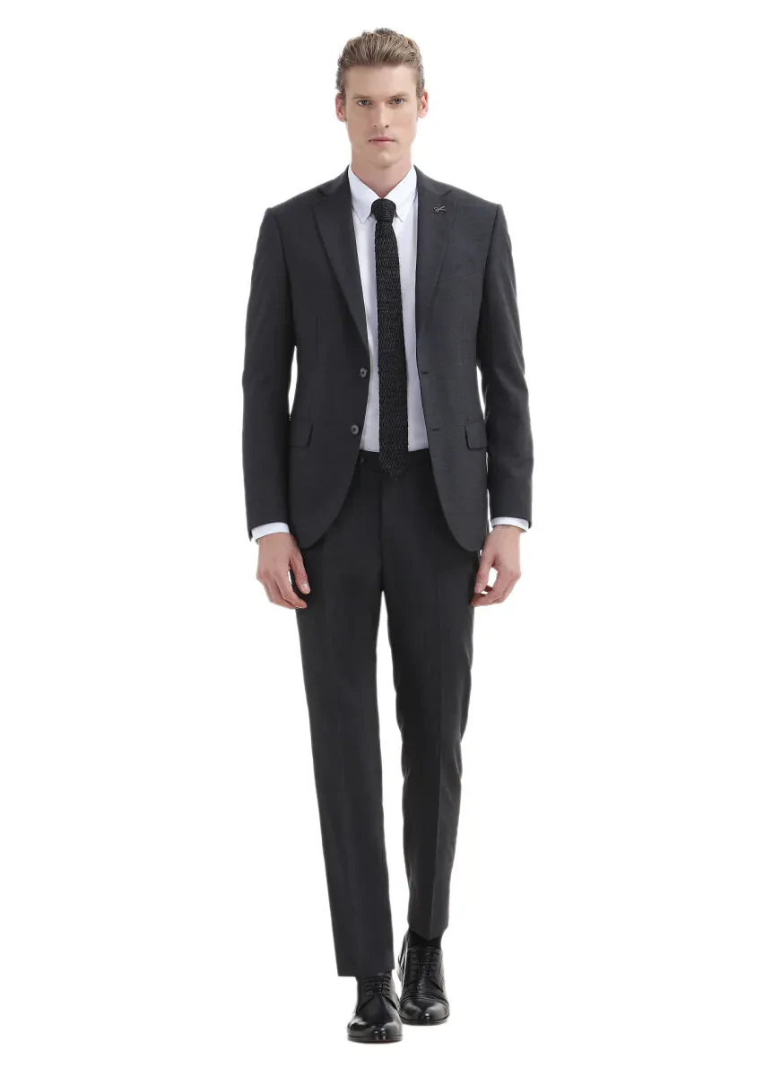 Antrasit Düz Modern Fit Yün Karışımlı Takım Elbise - 1