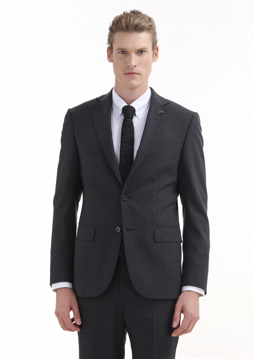 Antrasit Düz Modern Fit Yün Karışımlı Takım Elbise - 2