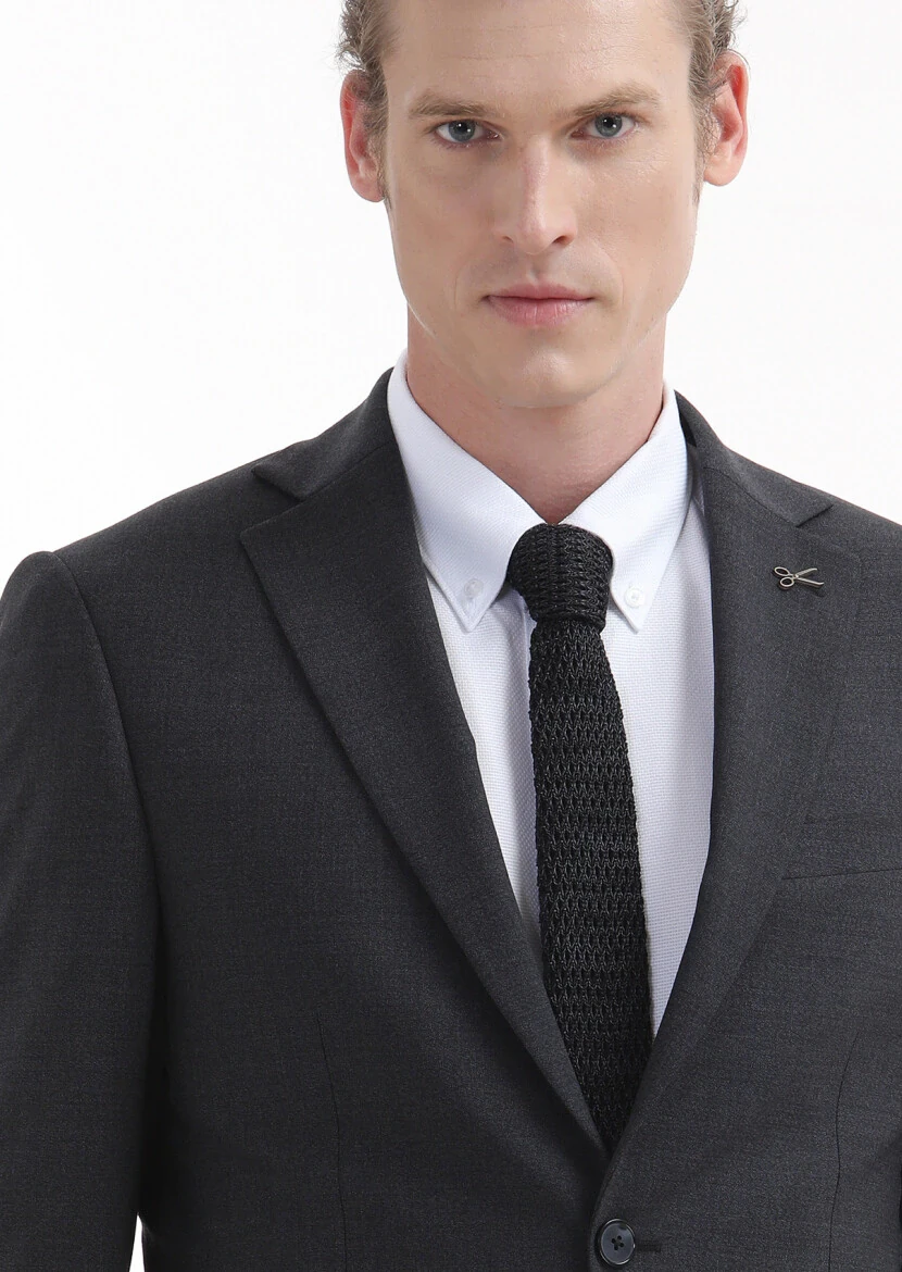 Antrasit Düz Modern Fit Yün Karışımlı Takım Elbise - 3