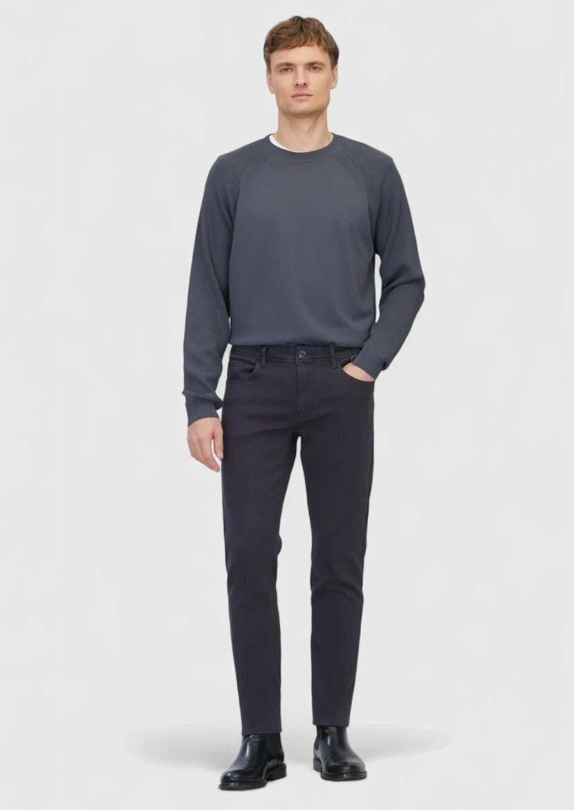 Antrasit Düz Örme Slim Fit Casual Pamuk Karışımlı Pantolon - 1