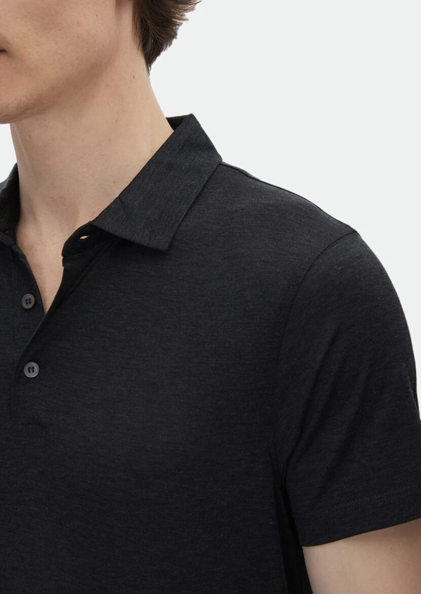 Antrasit Düz Polo Yaka İpek Karışımlı T-Shirt - 3