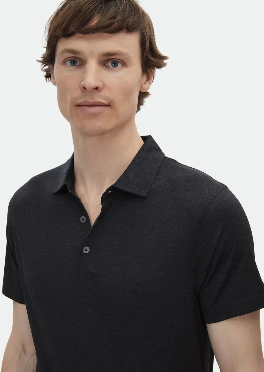 Antrasit Düz Polo Yaka İpek Karışımlı T-Shirt - 4