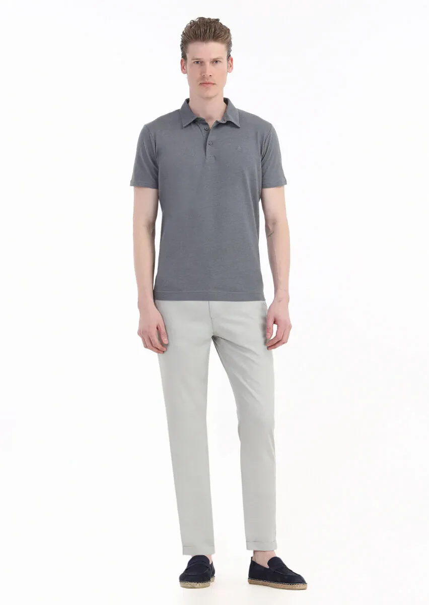 Antrasit Düz Polo Yaka Pamuk Karışımlı T-Shirt - 3