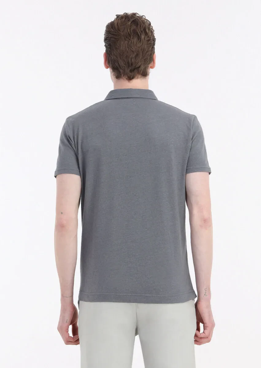 Antrasit Düz Polo Yaka Pamuk Karışımlı T-Shirt - 5