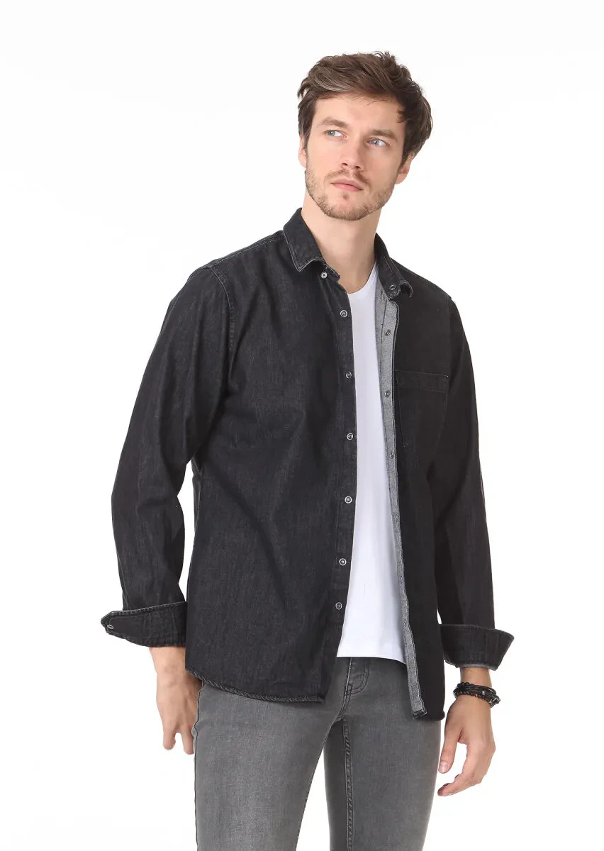 Antrasit Düz Regular Fit Dokuma Casual %100 Pamuk Gömlek - 1