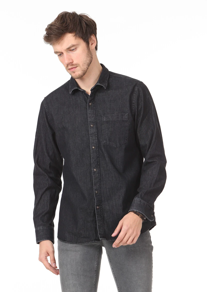 Antrasit Düz Regular Fit Dokuma Casual %100 Pamuk Gömlek - 2