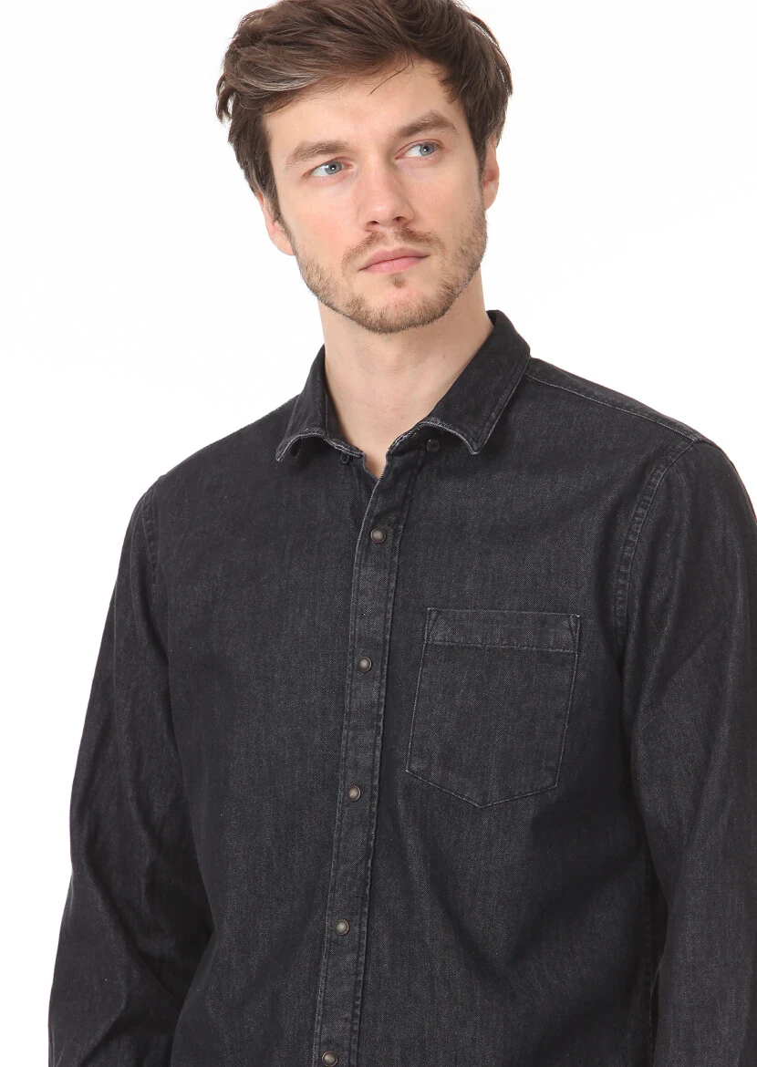 Antrasit Düz Regular Fit Dokuma Casual %100 Pamuk Gömlek - 3