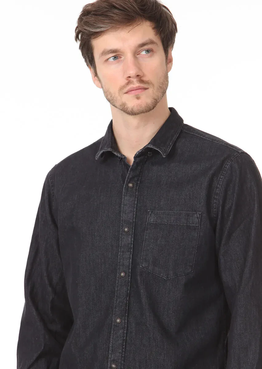 Antrasit Düz Regular Fit Dokuma Casual %100 Pamuk Gömlek - 3