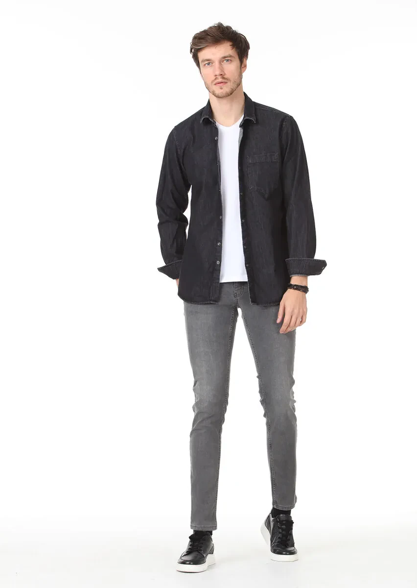 Antrasit Düz Regular Fit Dokuma Casual %100 Pamuk Gömlek - 4