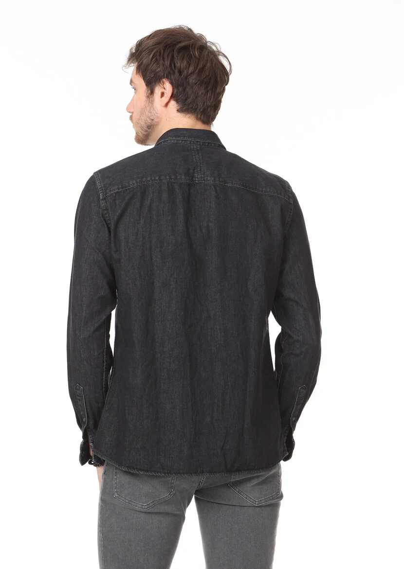 Antrasit Düz Regular Fit Dokuma Casual %100 Pamuk Gömlek - 5