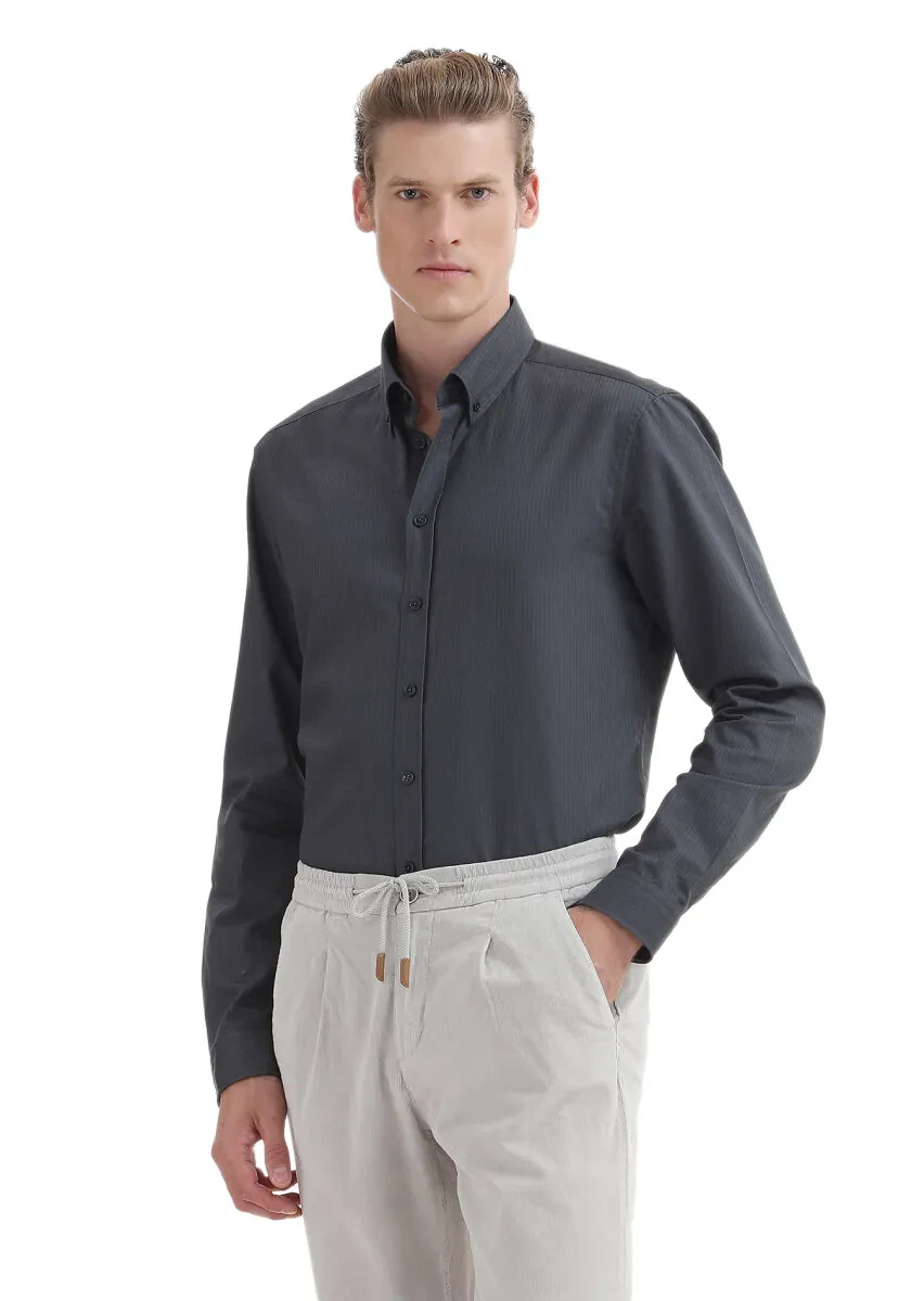 Antrasit Düz Regular Fit Dokuma Casual %100 Pamuk Gömlek - 3