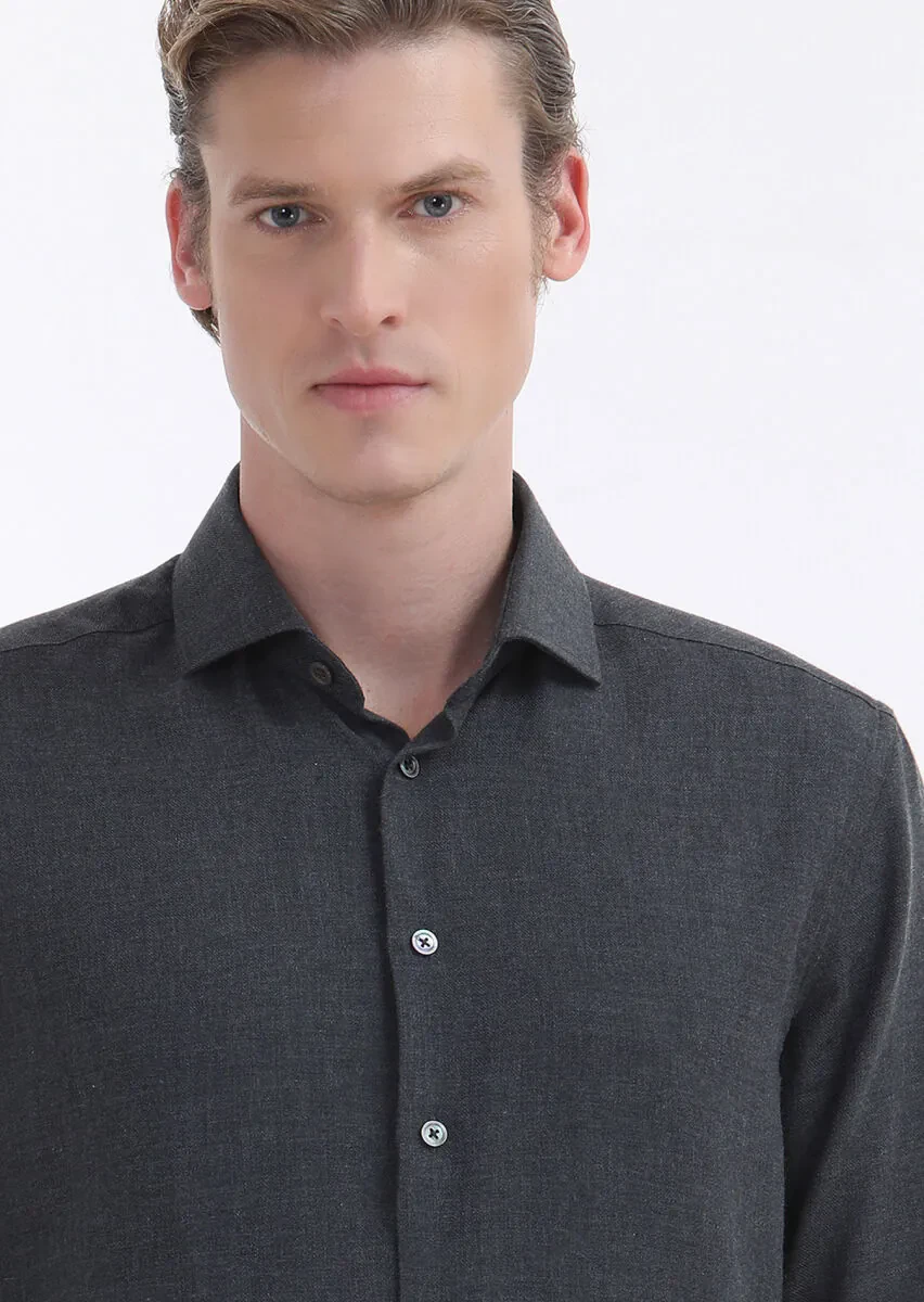 Antrasit Düz Regular Fit Dokuma Casual Pamuk Karışımlı Gömlek - 2