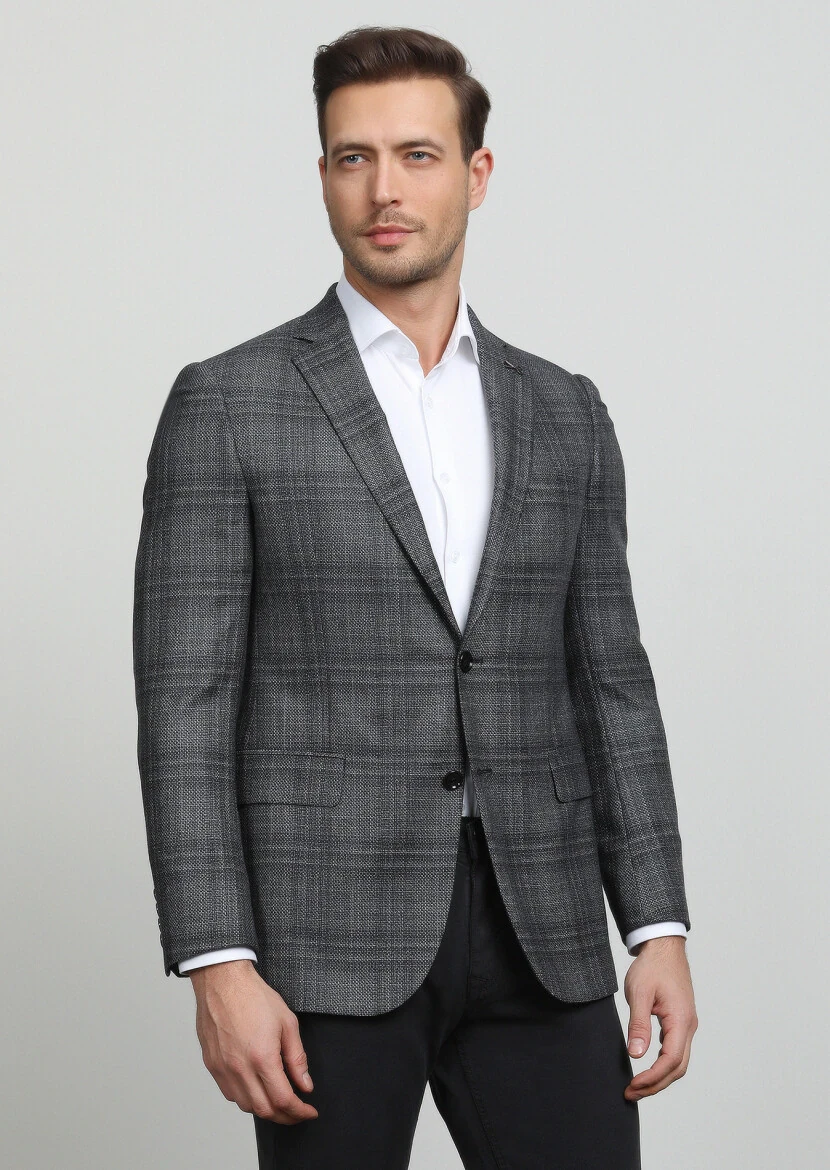 Antrasit Düz Regular Fit Yün Karışımlı Ceket - 1