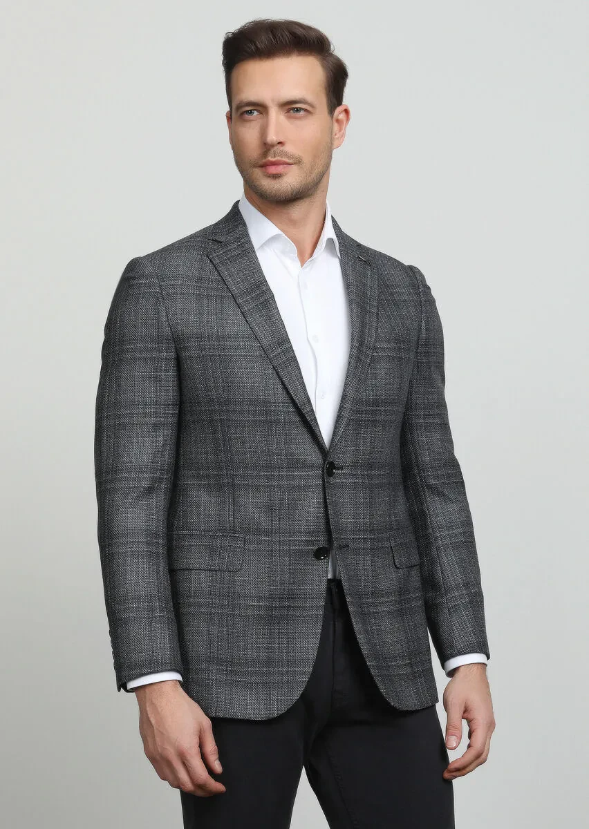 Antrasit Düz Regular Fit Yün Karışımlı Ceket - 1