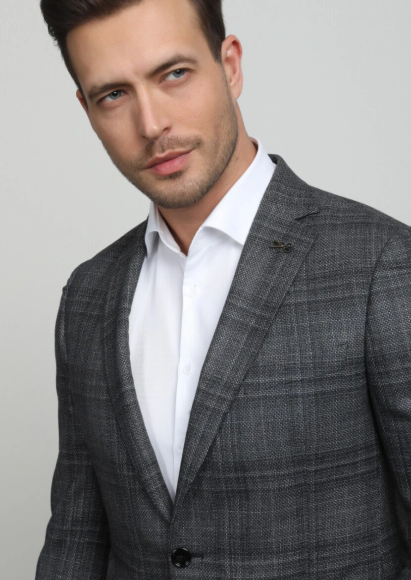 Antrasit Düz Regular Fit Yün Karışımlı Ceket - 2