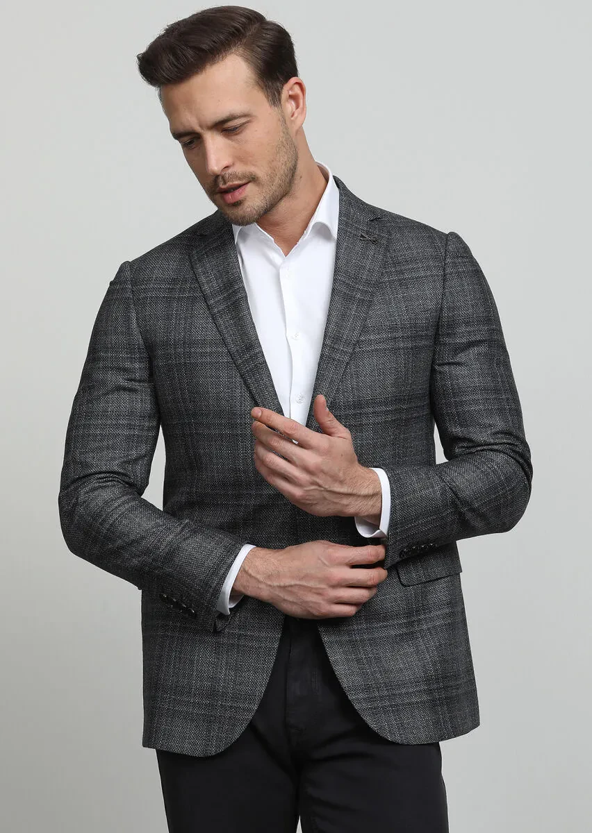 Antrasit Düz Regular Fit Yün Karışımlı Ceket - 3