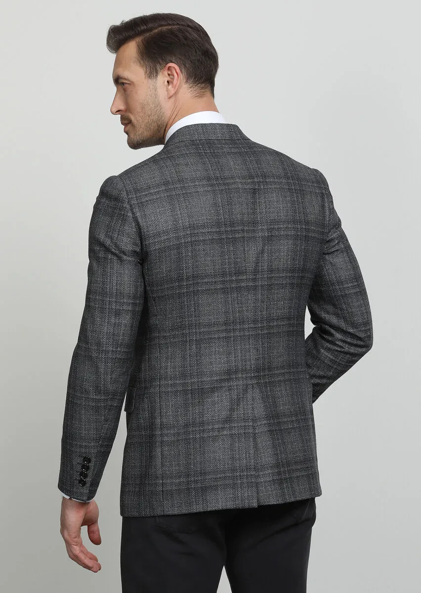 Antrasit Düz Regular Fit Yün Karışımlı Ceket - 4