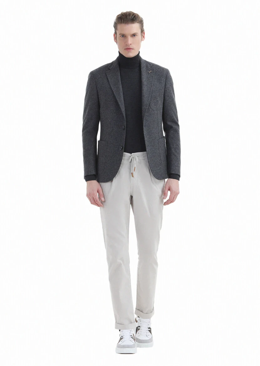 Antrasit Düz Shirt Shoulder Slim Fit Yün Karışımlı Örme Ceket - 2