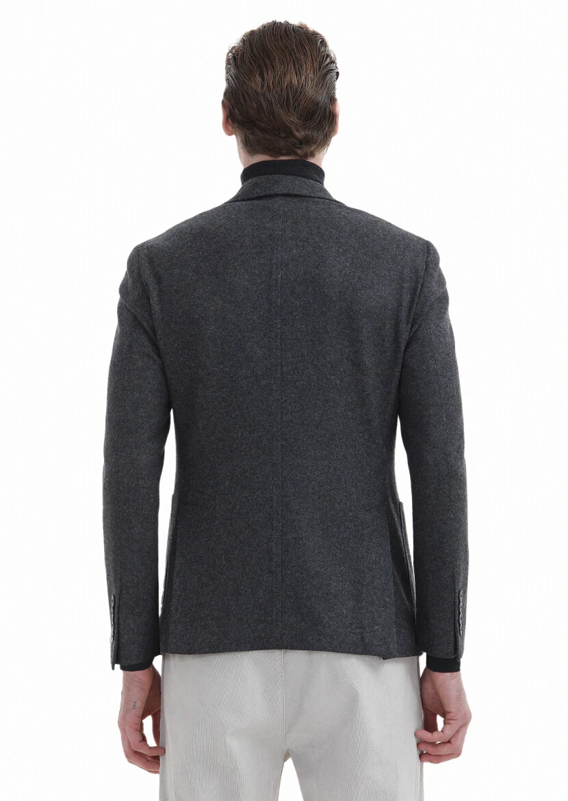 Antrasit Düz Shirt Shoulder Slim Fit Yün Karışımlı Örme Ceket - 6