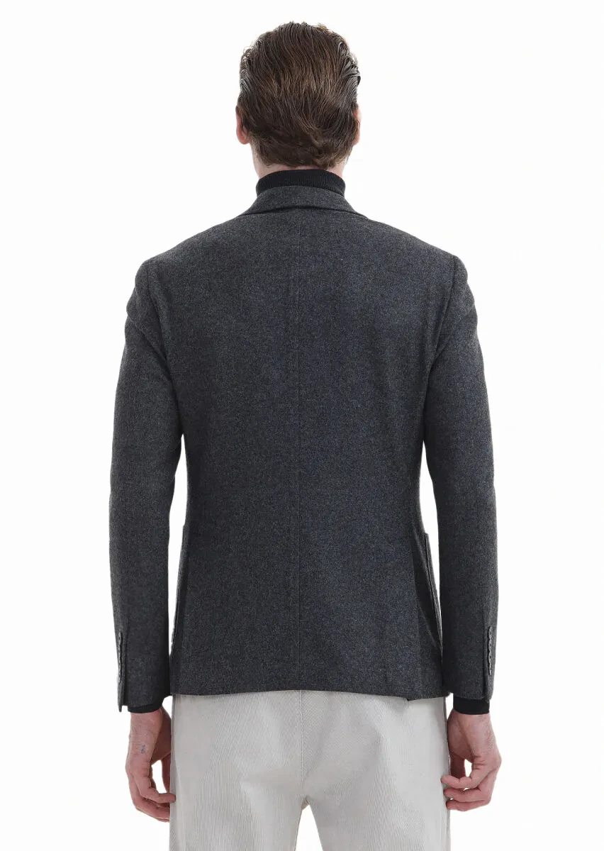 Antrasit Düz Shirt Shoulder Slim Fit Yün Karışımlı Örme Ceket - 6