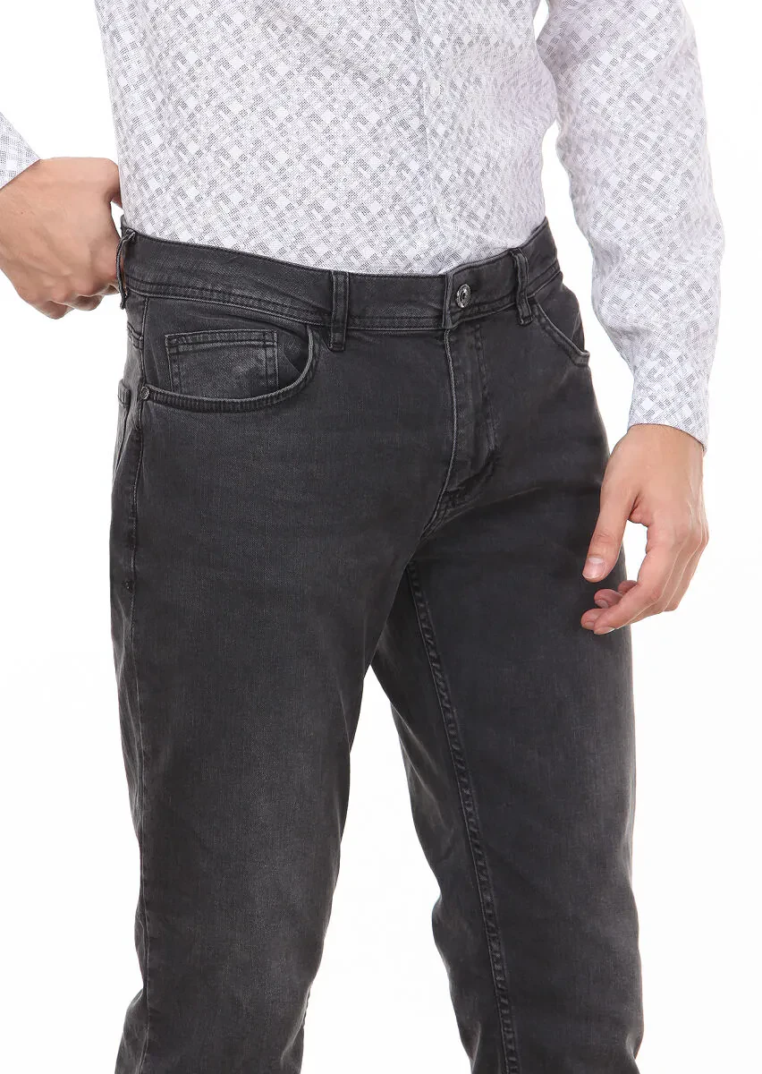 Antrasit Düz Slim Fit Denim Pamuk Karışımlı Pantolon - 2