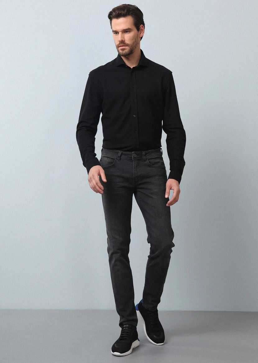 Antrasit Düz Slim Fit Denim Pamuk Karışımlı Pantolon - 3