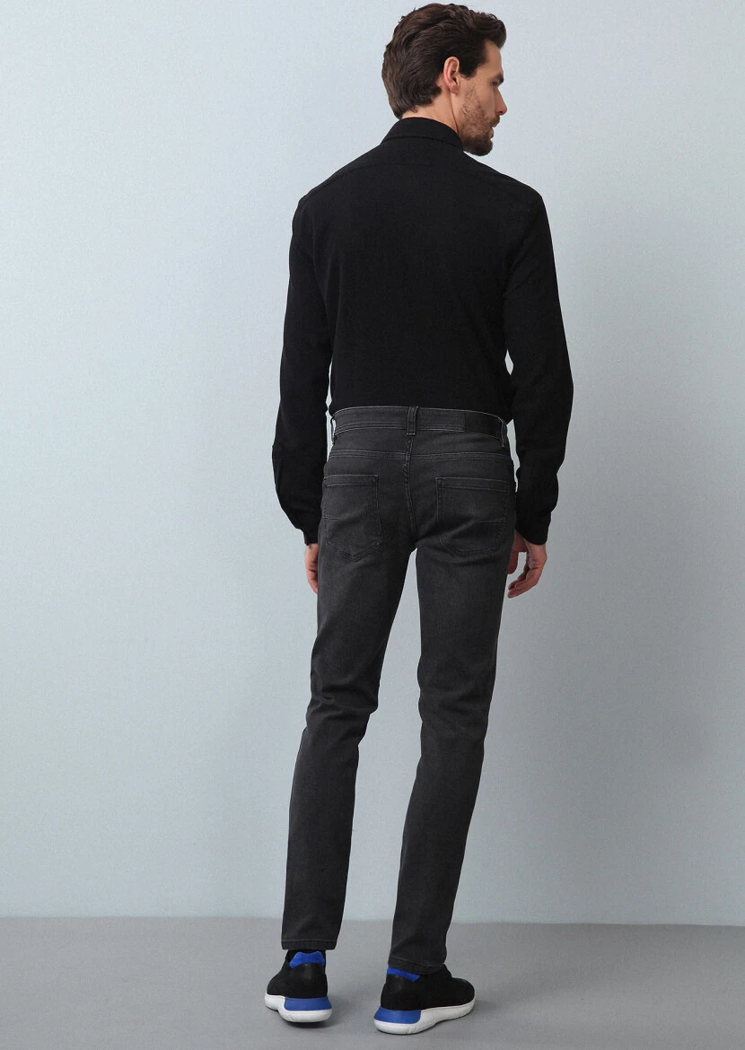 Antrasit Düz Slim Fit Denim Pamuk Karışımlı Pantolon - 5