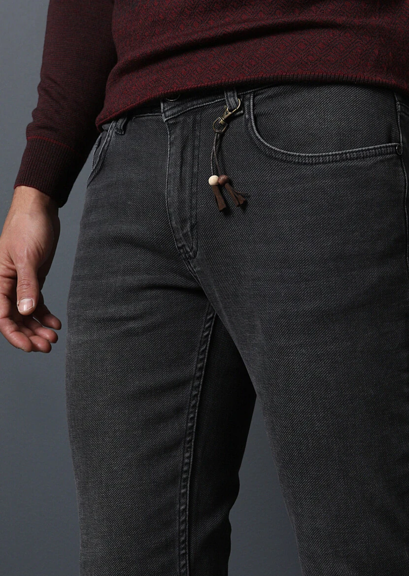 Antrasit Düz Slim Fit Denim Pamuk Karışımlı Pantolon - 3