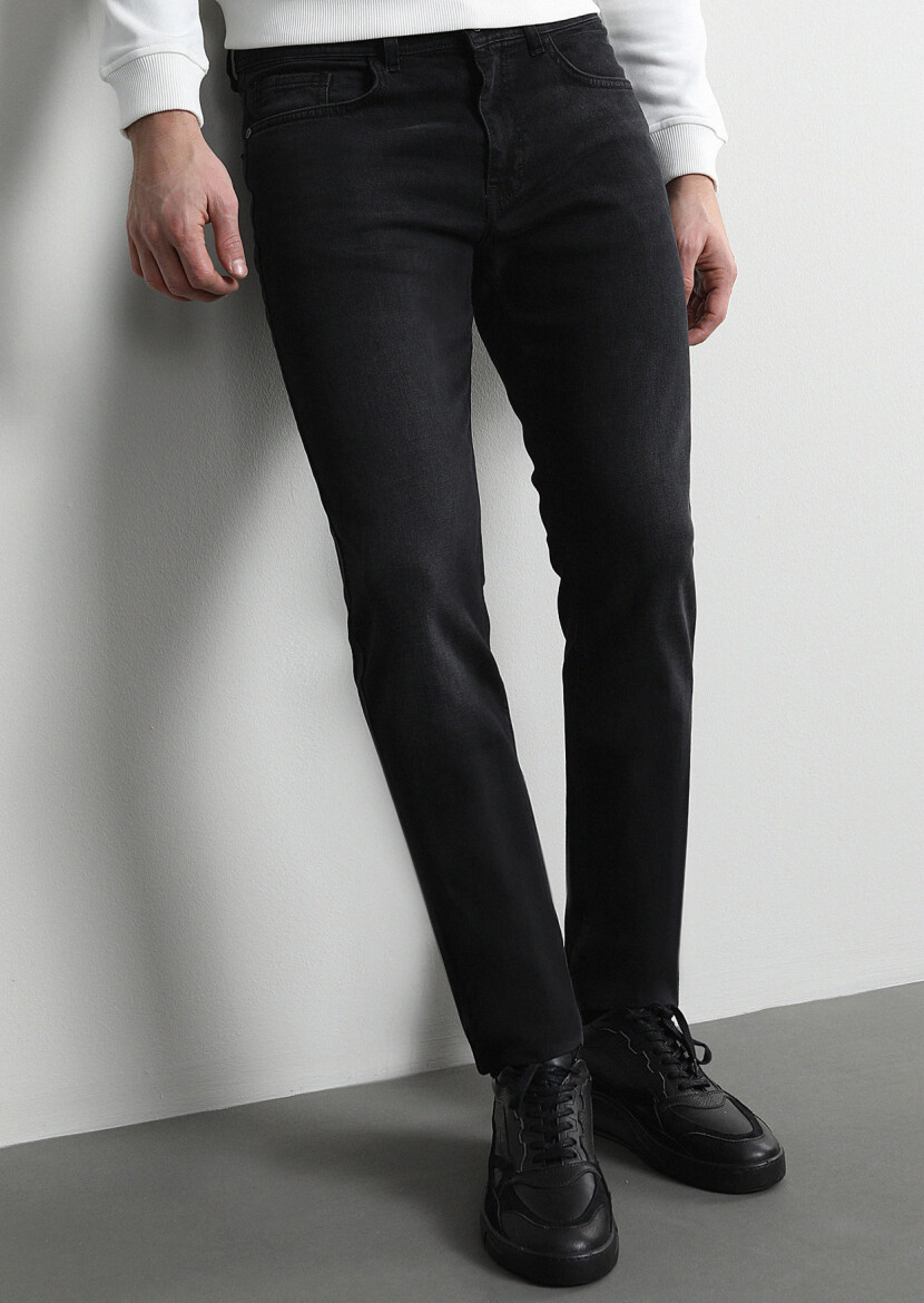 Antrasit Düz Slim Fit Denim Pamuk Karışımlı Pantolon - 3